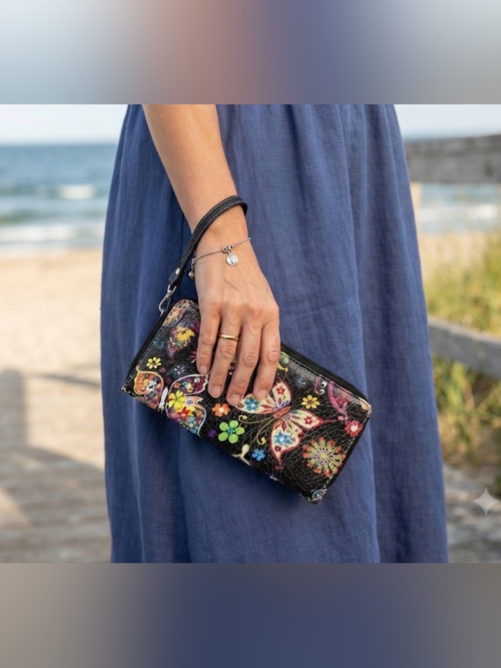 Colorful Butterfly Floral Double Zip Wristlet Wallet Clutch Organizer Black